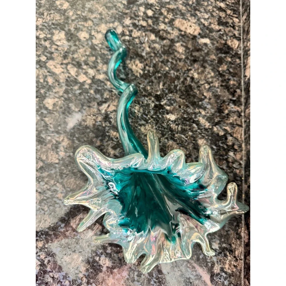 Hand Blown Art Glass Splash Vase Turquoise Teal‎ Smoky Grey Spiral statue Murano